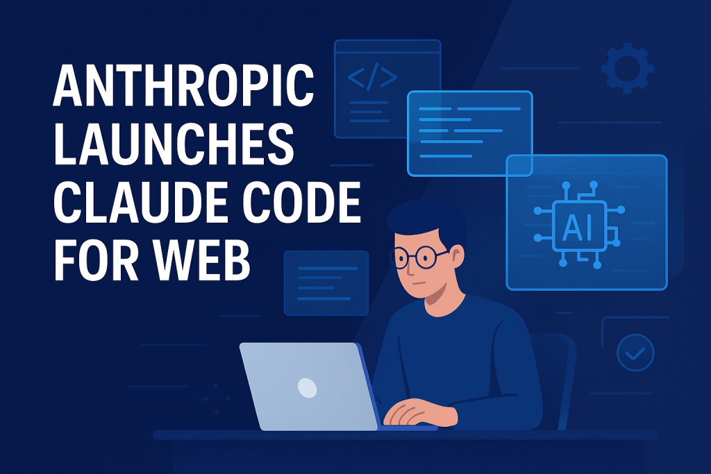 Digital illustration of Anthropic’s Claude Code web app showing developers using AI coding agents in a modern workspace
